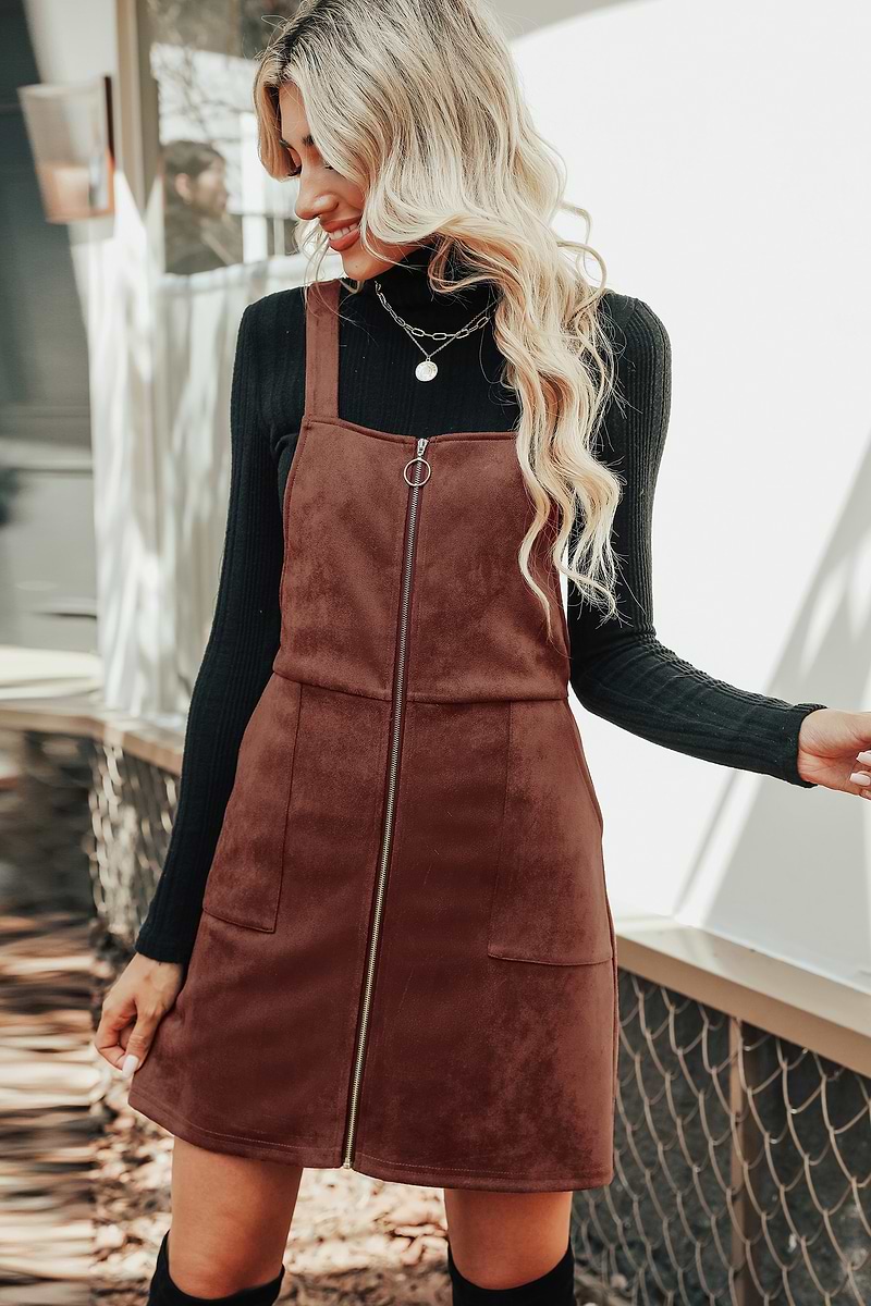 Faux Suede O-Ring Mini Pinafore Dress