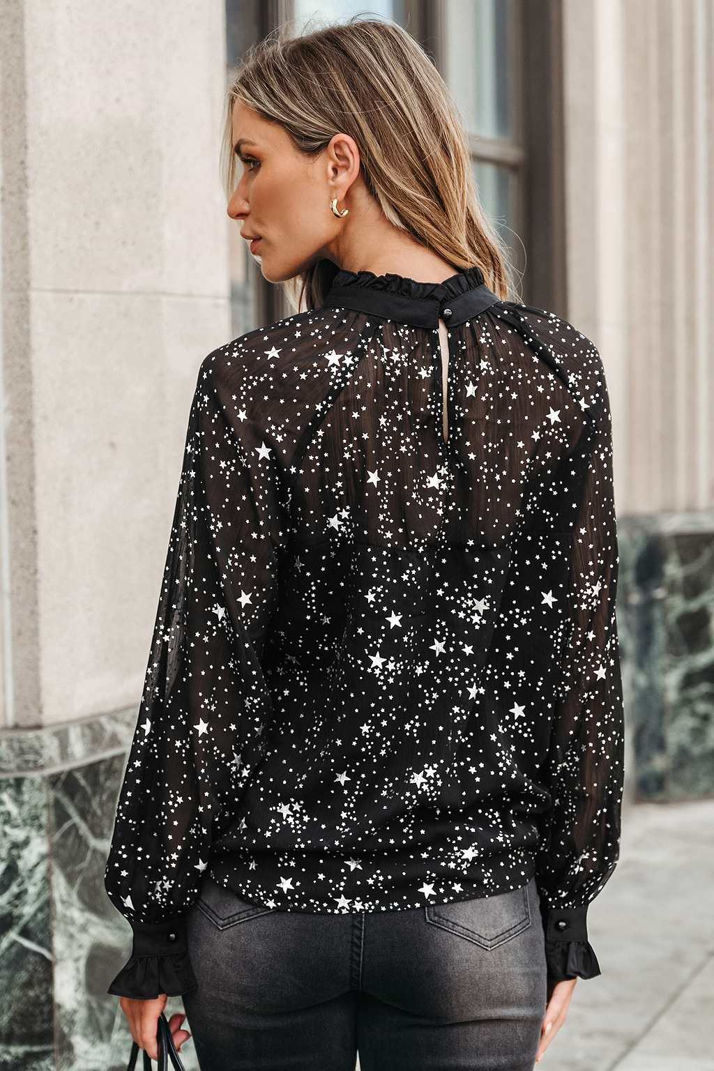 Star Print Semi-Sheer Ruffled Top