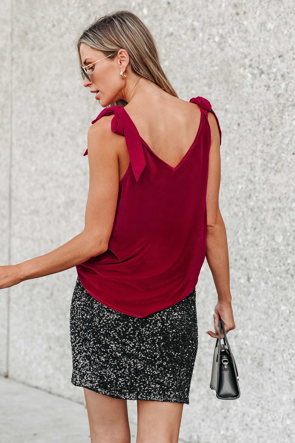 X Gabby Windey Burgundy Starlight Bow Tie Strap V-Neck Top