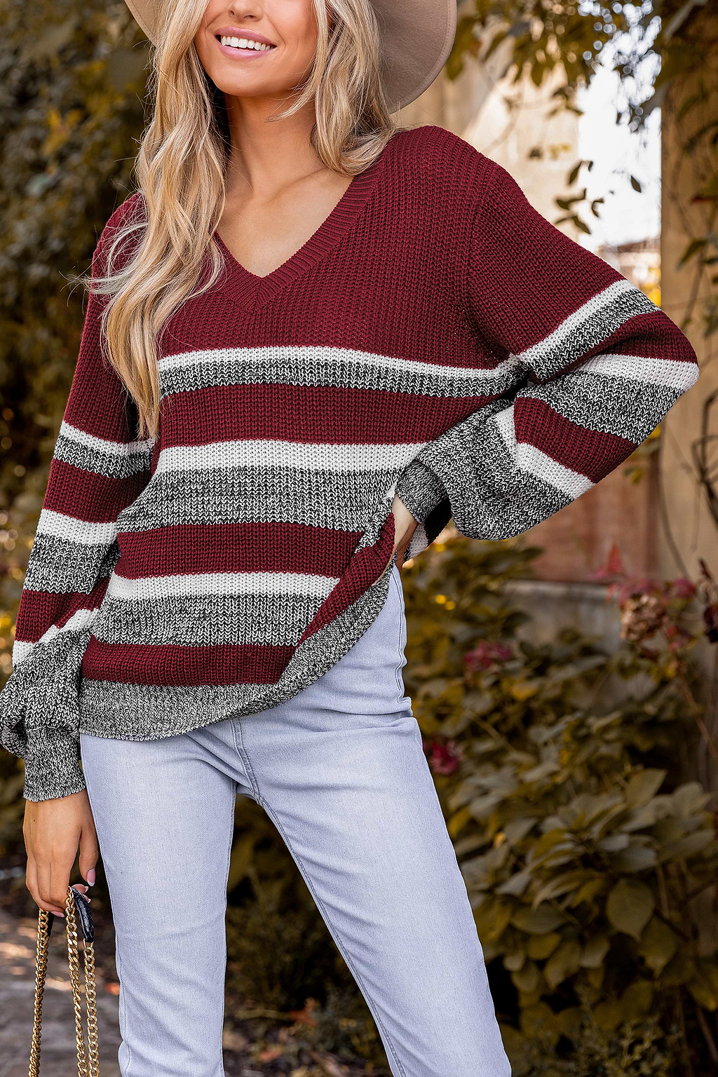 Burgundy Striped Ribbed V-Neck Sweater