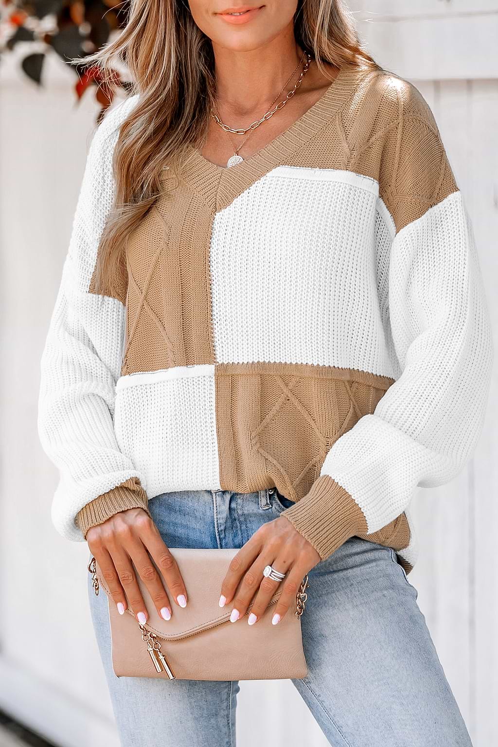 Checkered Colorblock Cable Knit Sweater