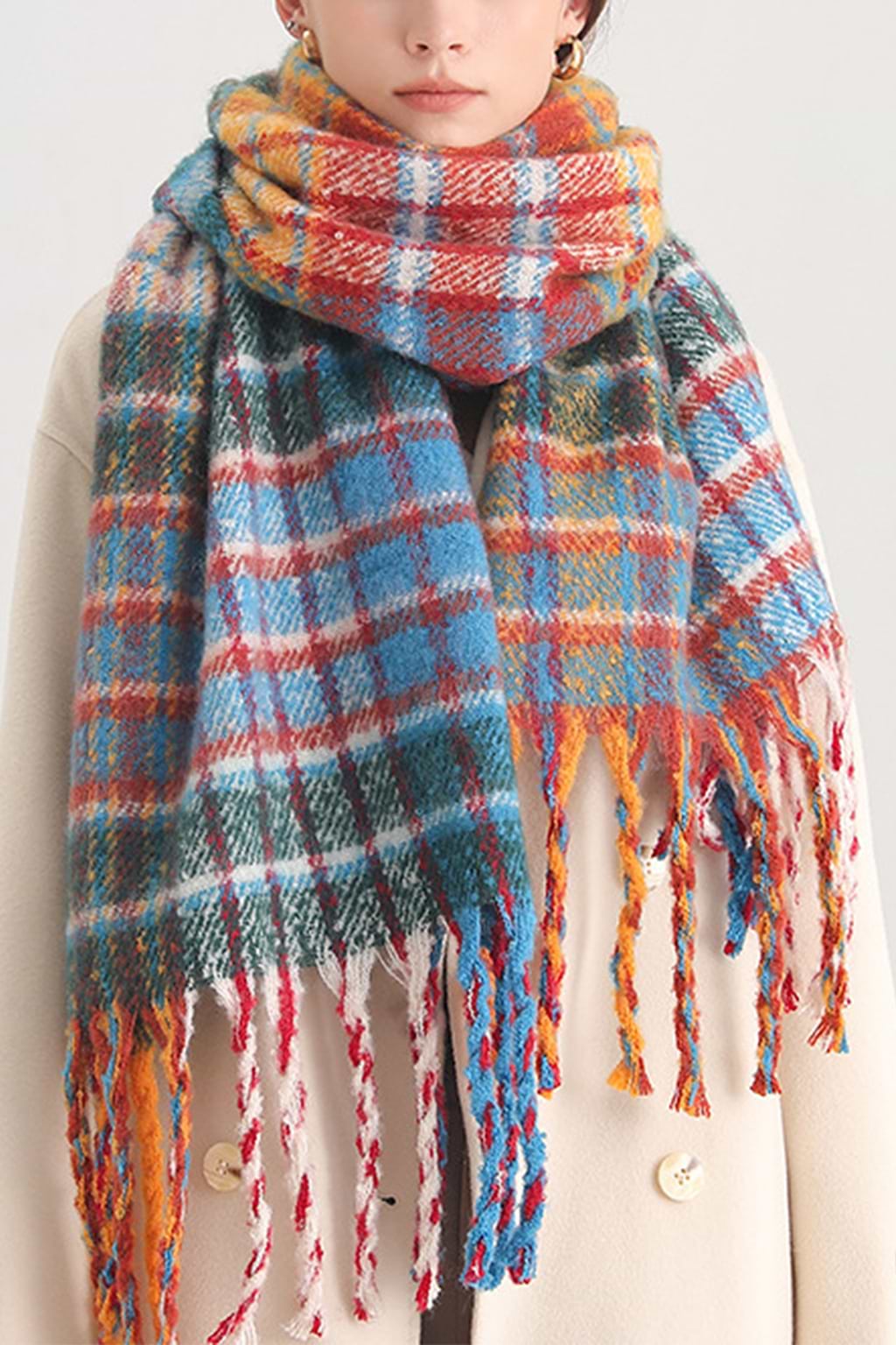 Plaid Colorblock Fringe Oblong Scarf