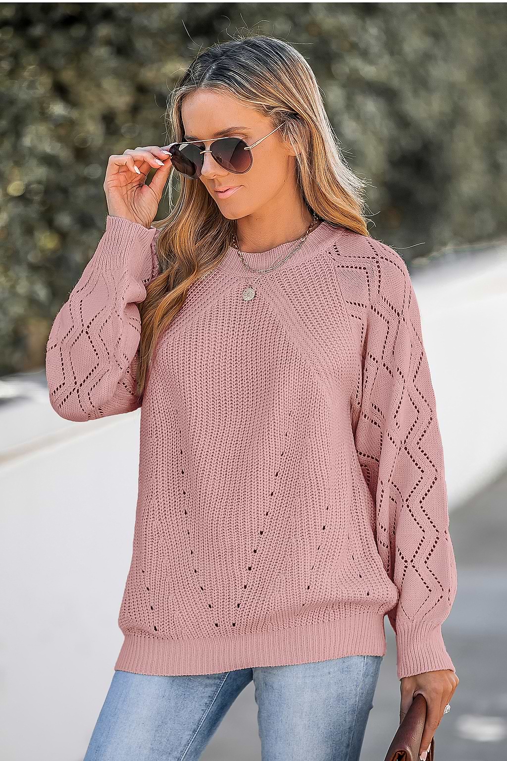 Blush Pink Cutout Pointelle Knit Sweater