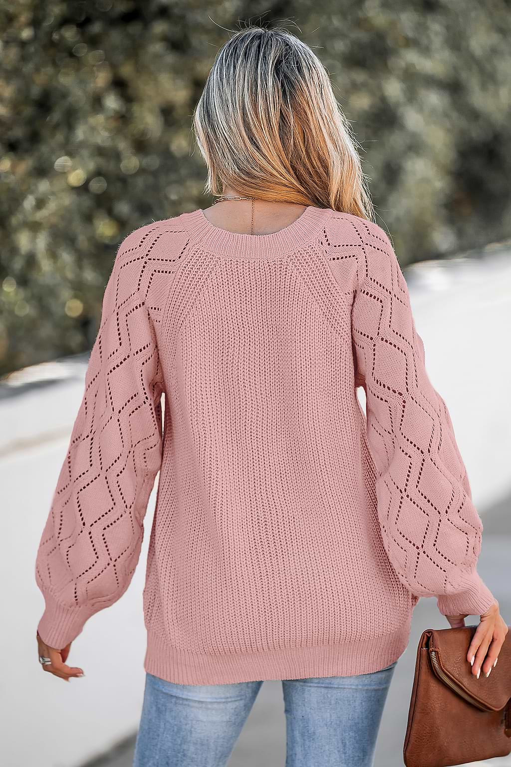 Blush Pink Cutout Pointelle Knit Sweater