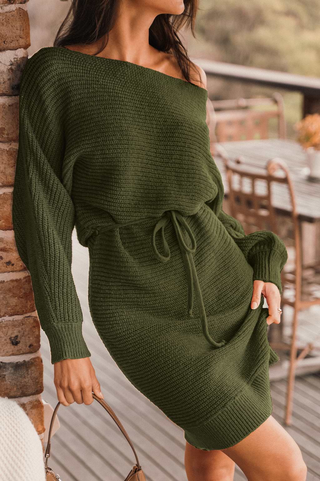 Olive Green One-Shoulder Sweater Dress