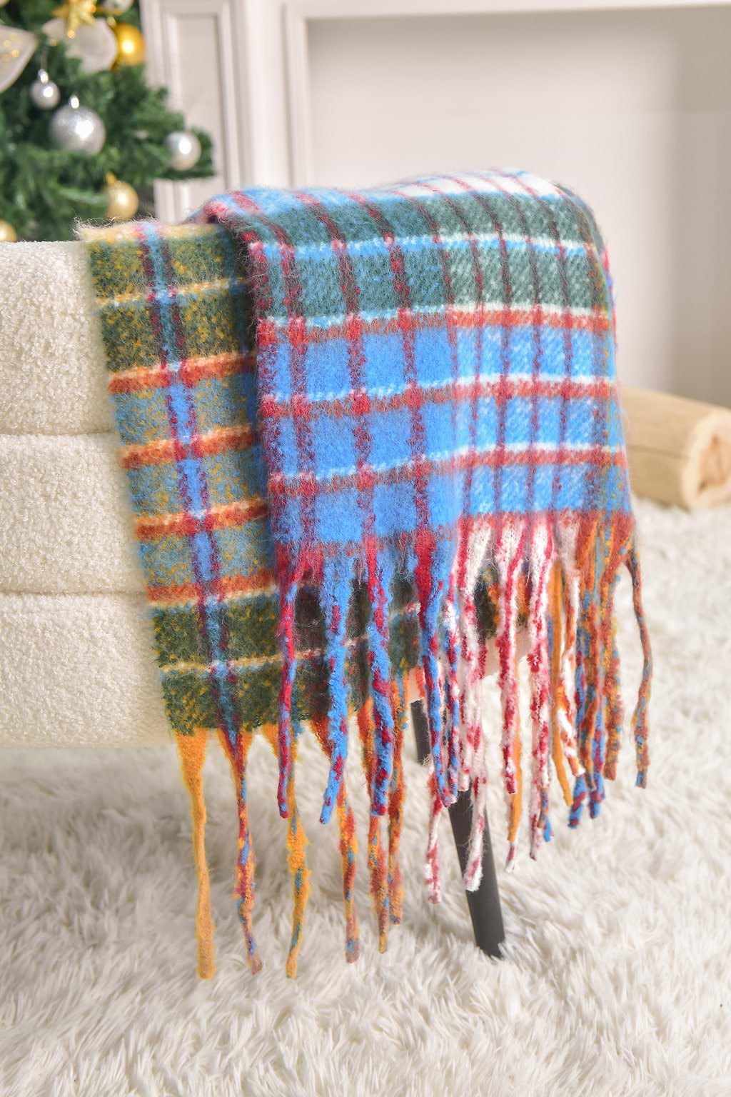 Plaid Colorblock Fringe Oblong Scarf