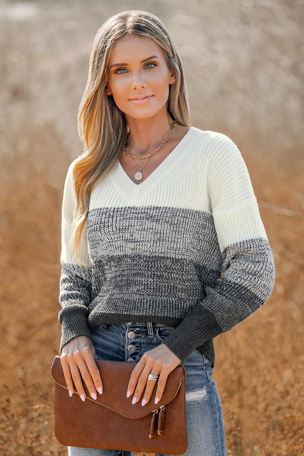 Striped Chunky Knit V-Neck Sweater