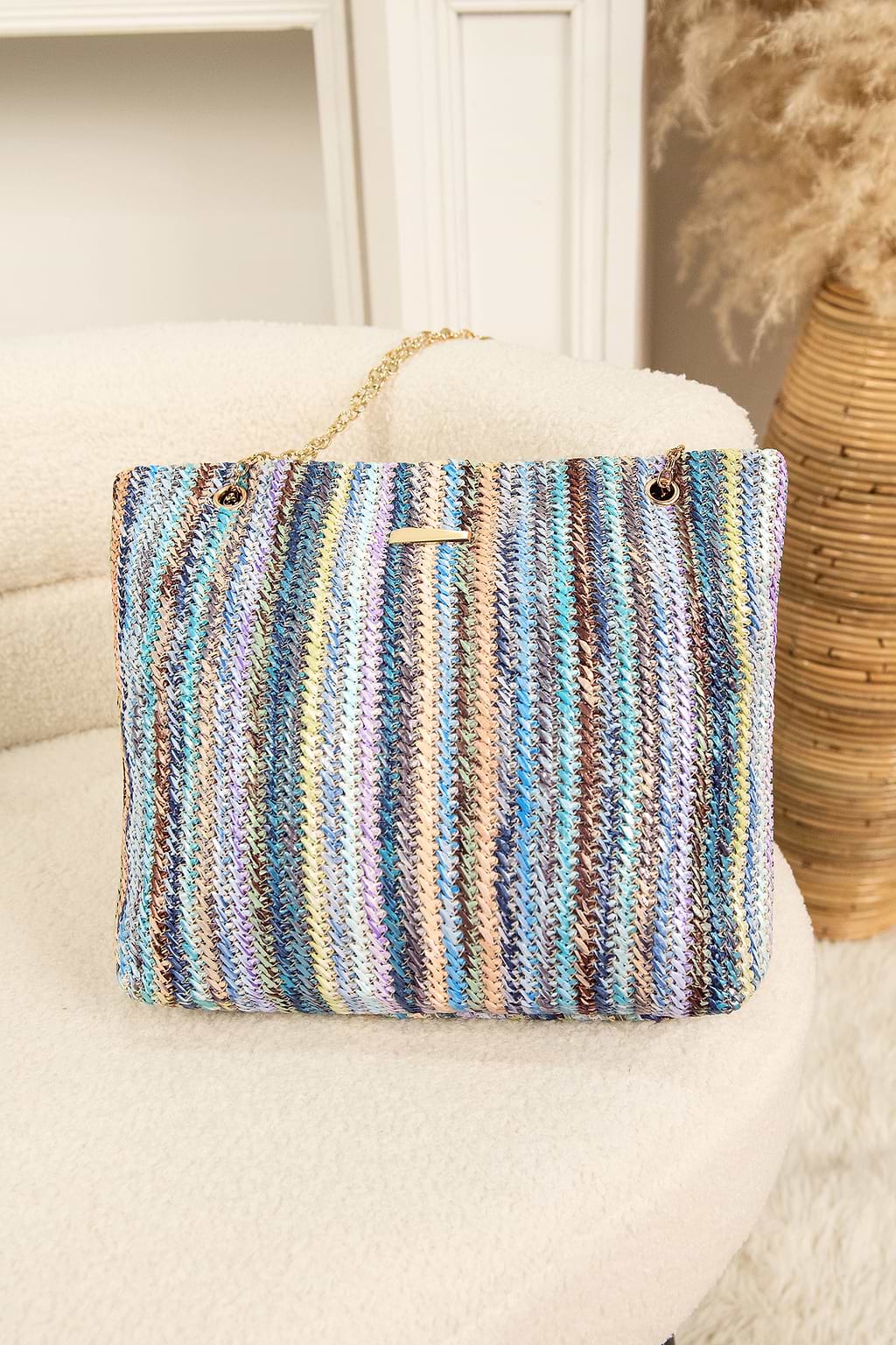 Striped Dual Rolo Chain Strap Satchel