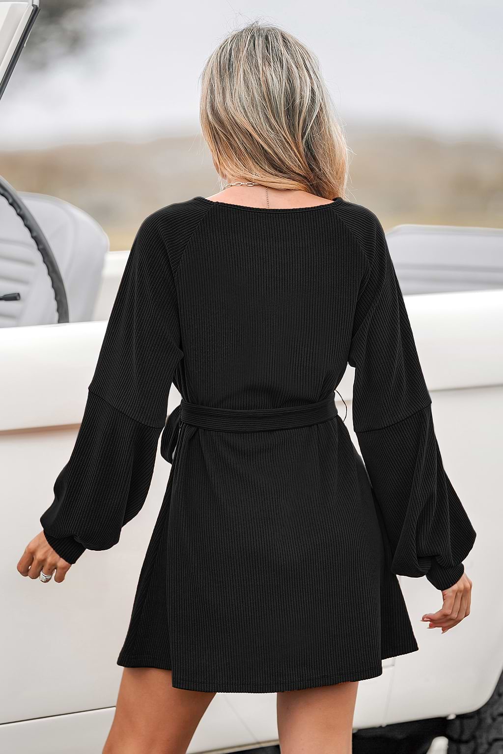 Belted Bishop Sleeve Mini Dress