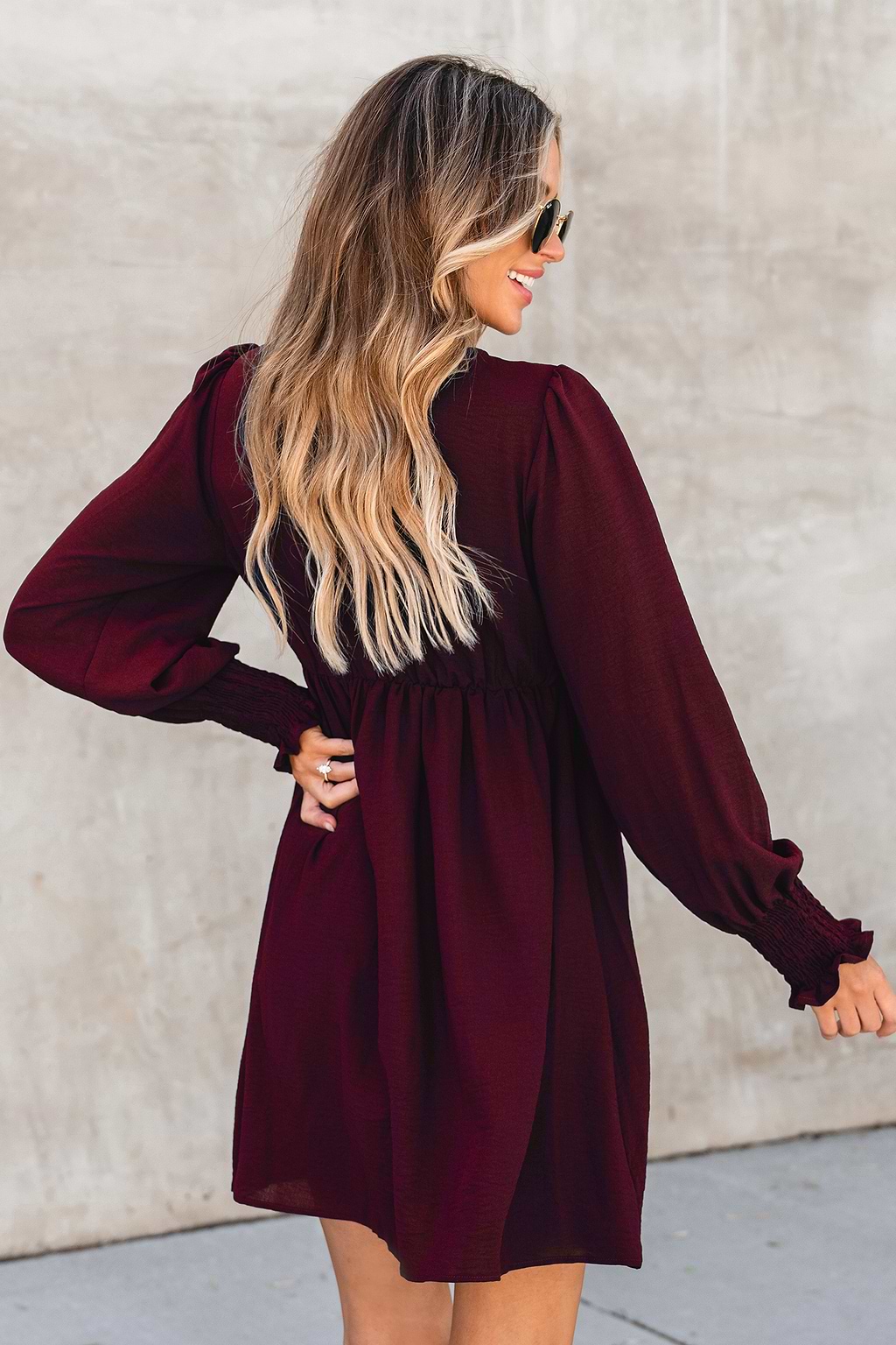 Maroon Smocked V-Neck Mini Dress