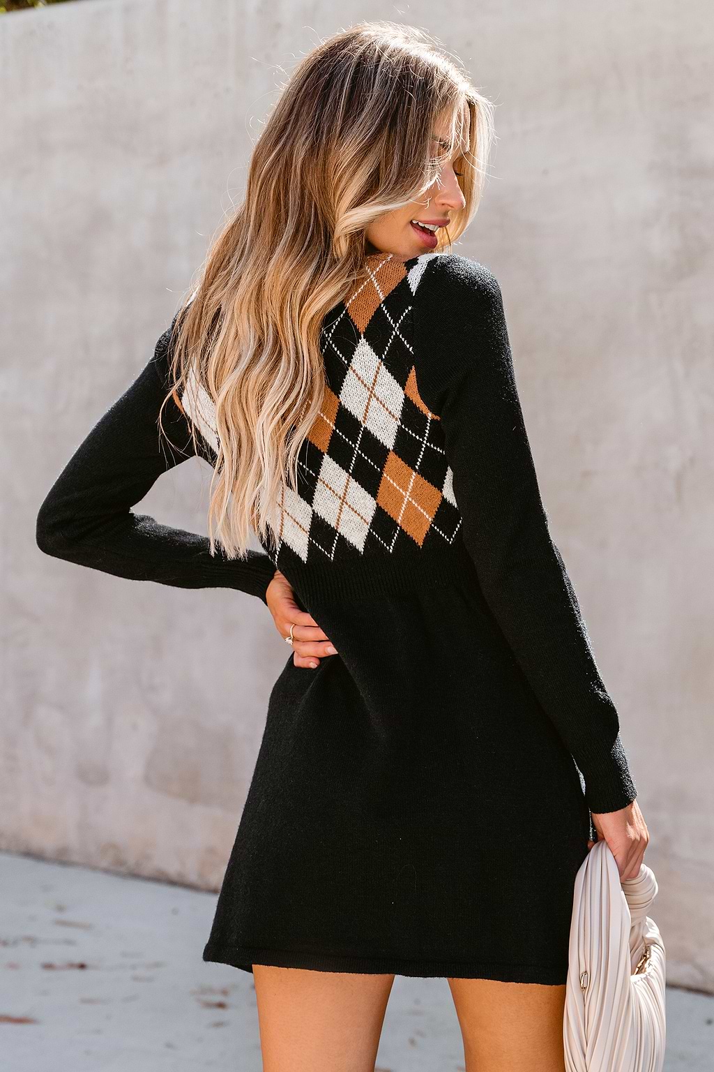 Argyle Faux Pearl Buttoned Sweater Dress
