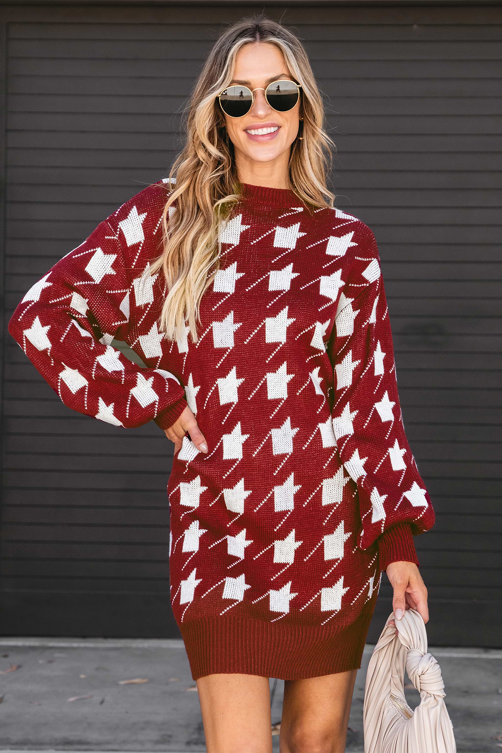 Burgundy Houndstooth Mini Sweater Dress