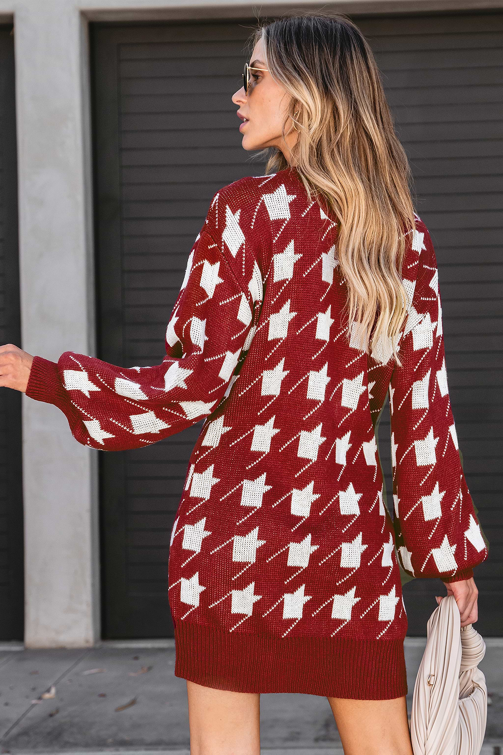 Burgundy Houndstooth Mini Sweater Dress