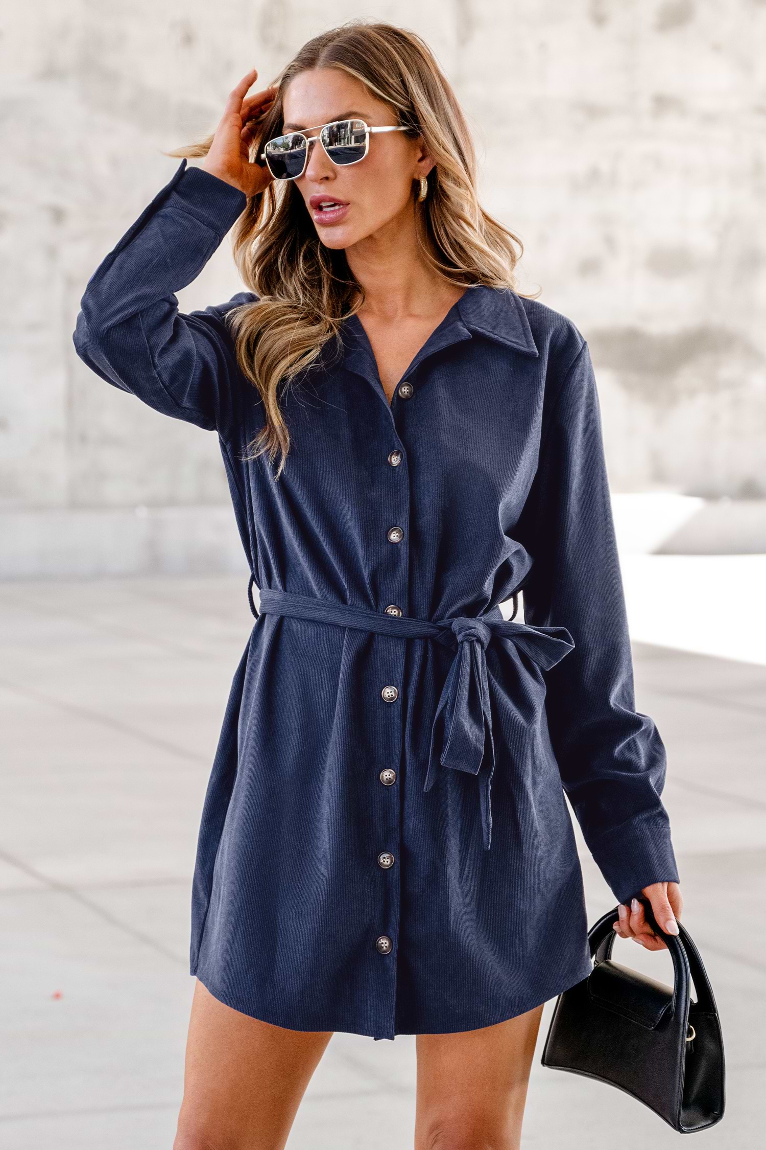 Belted Corduroy Button-Front Dress