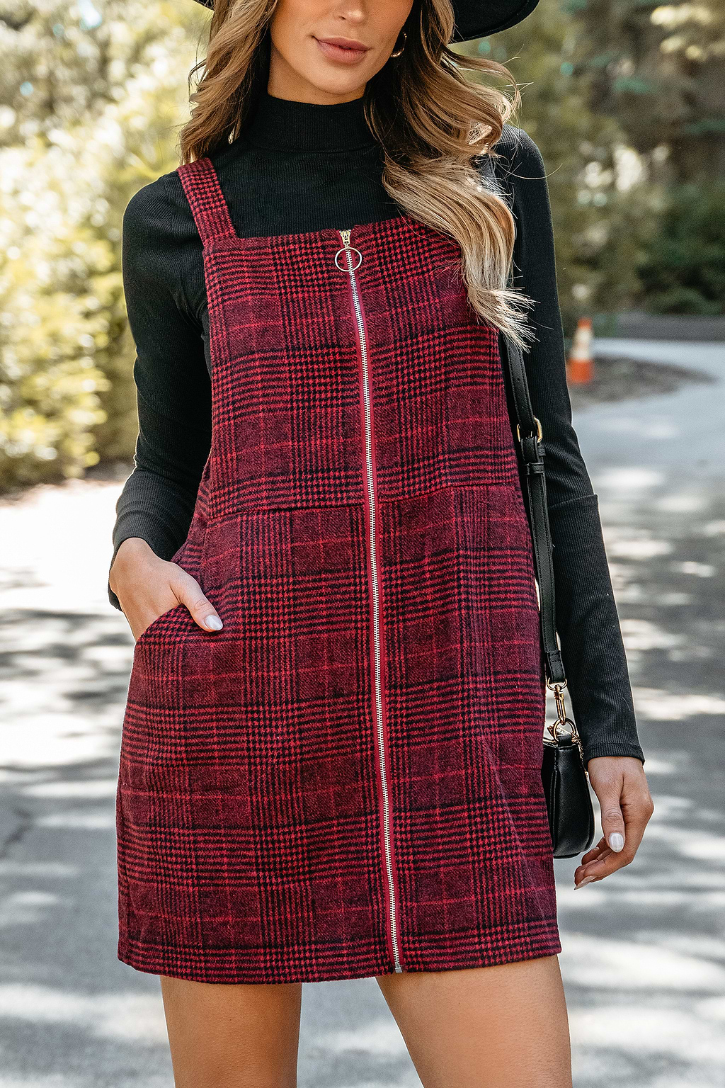 Burgundy Plaid O-Ring Pinafore Dress