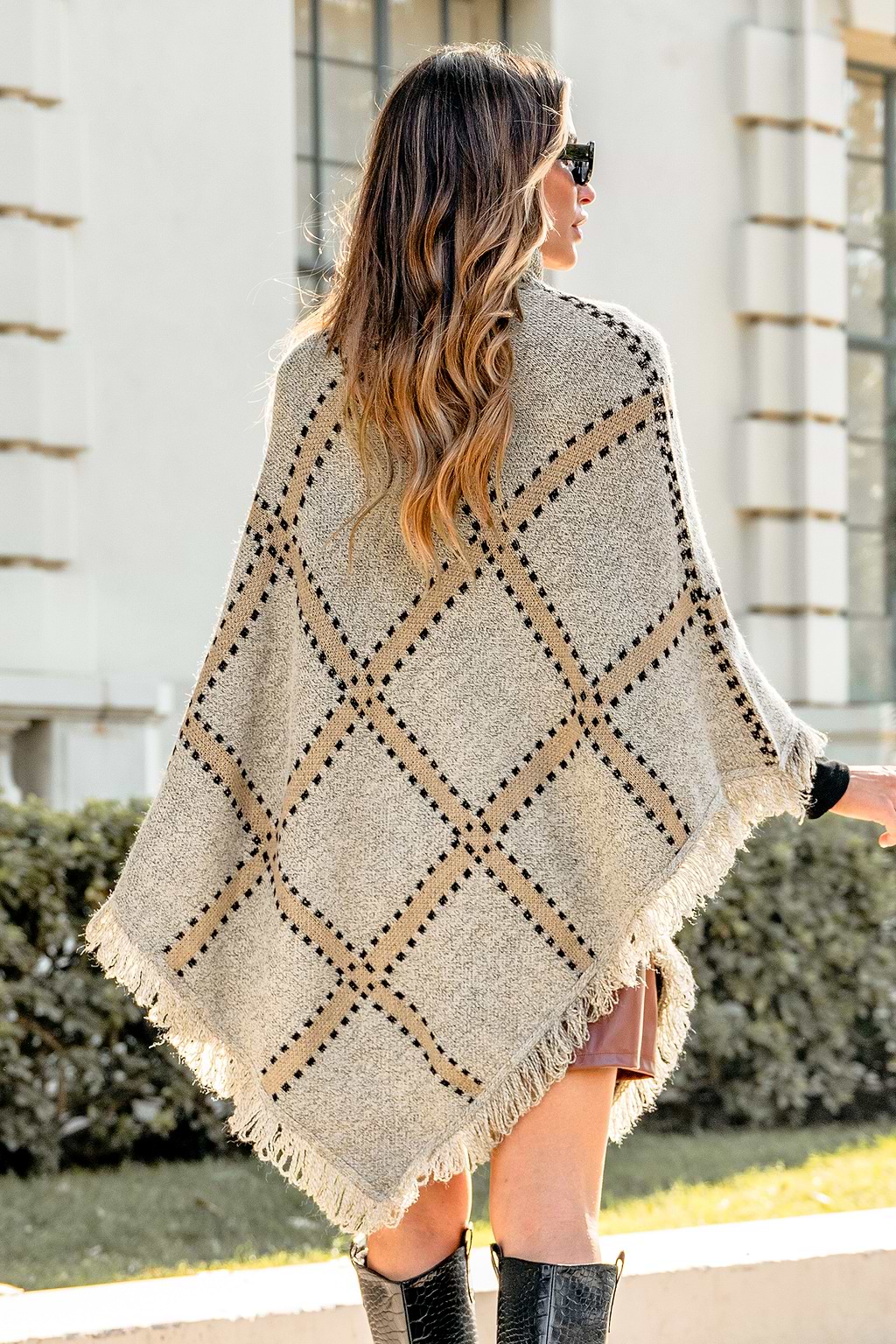 Plaid Turtleneck Frayed Poncho