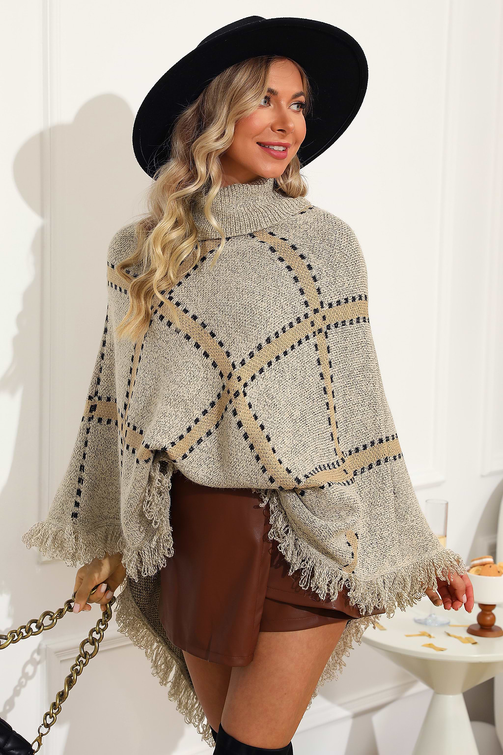 Plaid Turtleneck Frayed Poncho