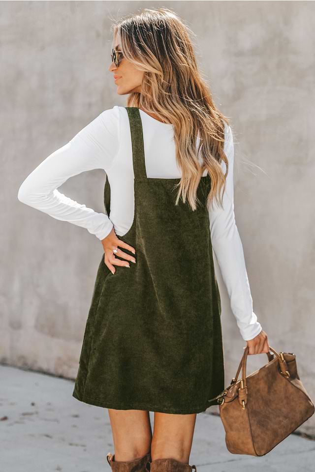 green overall dress outfit Shewin Corduroy Front Pockets Overall Dress | Green main image 0