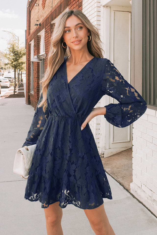 Floral Contrast Lace Peasant Sleeve Mini Dress