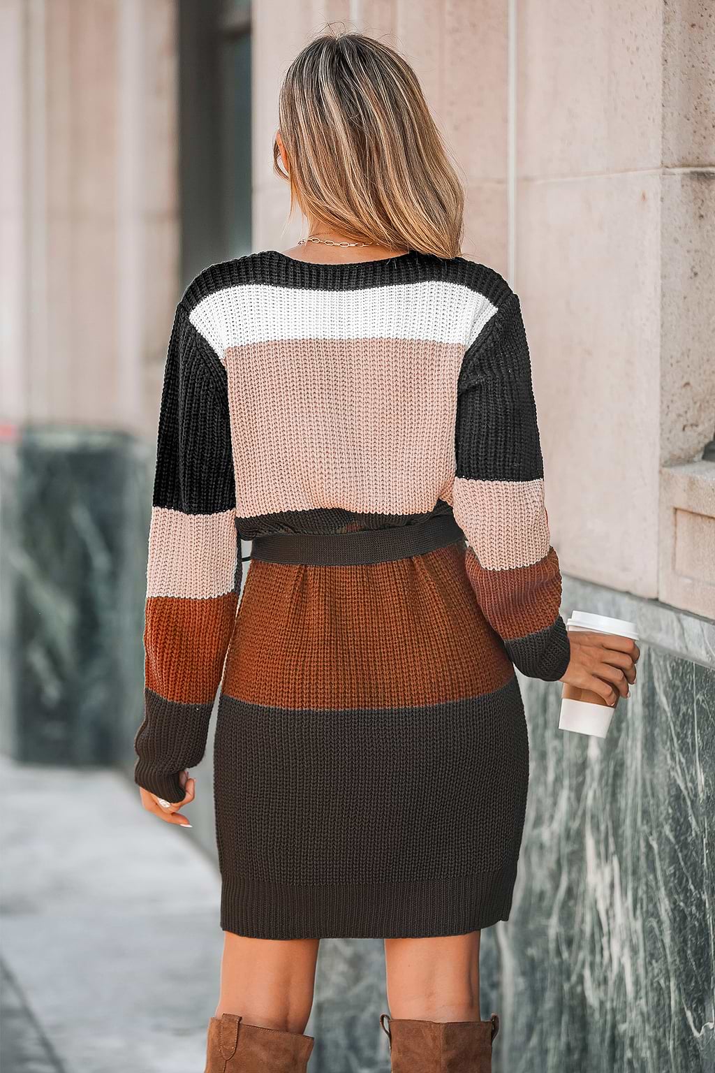 V-Neck Belted Striped Sweater Dress