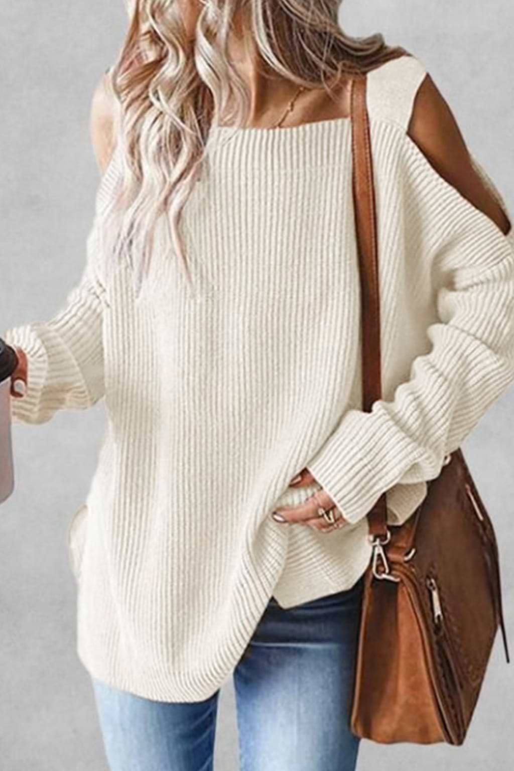 Cheese Cheese Ribbed Open-Shoulder Oversized Sweater