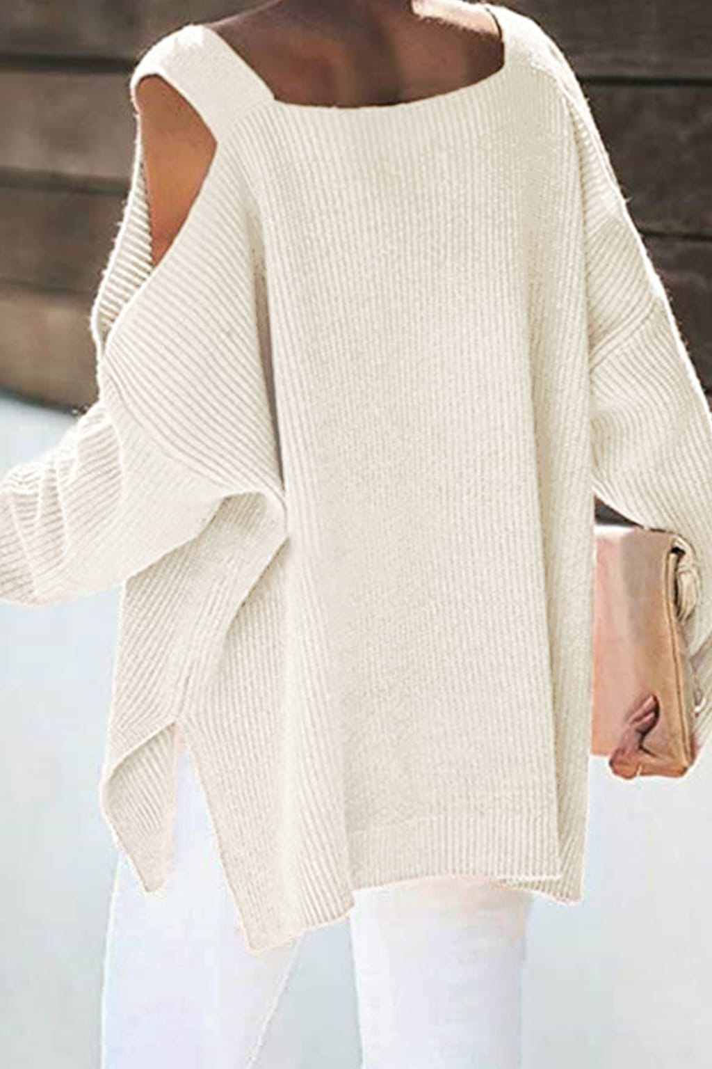 Cheese Cheese Ribbed Open-Shoulder Oversized Sweater