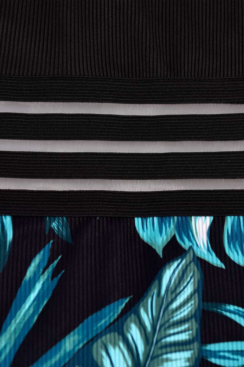 Black Tropical Leaf Print Mesh Striped One Piece Swimsuit