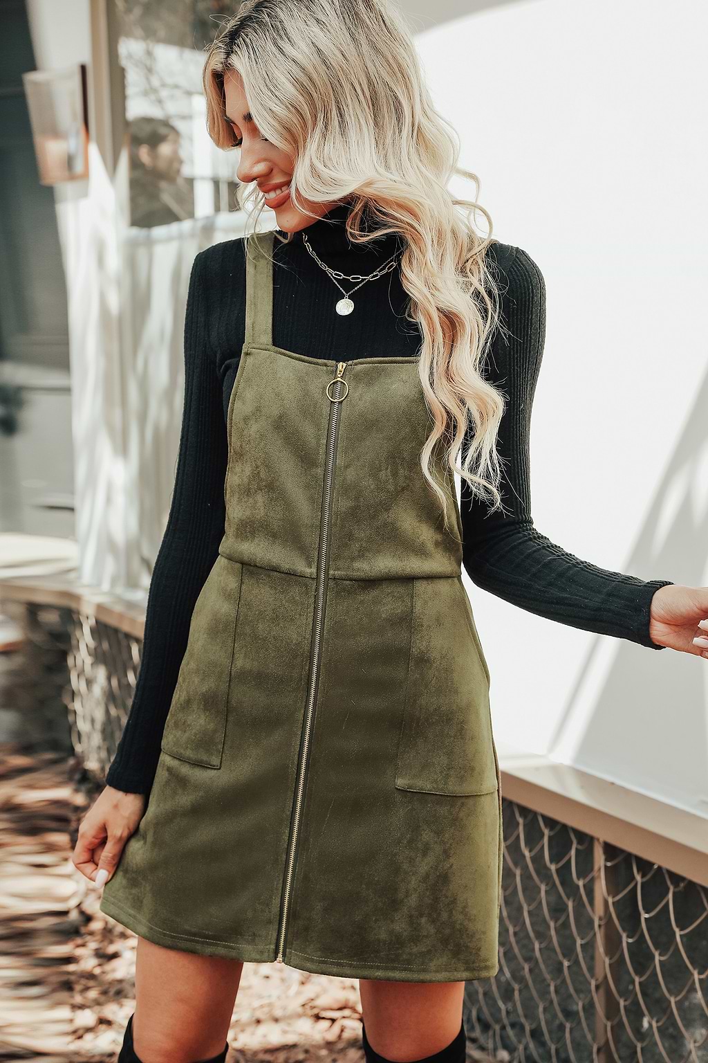 Bethel Faux Suede O-Ring Pinafore Dress