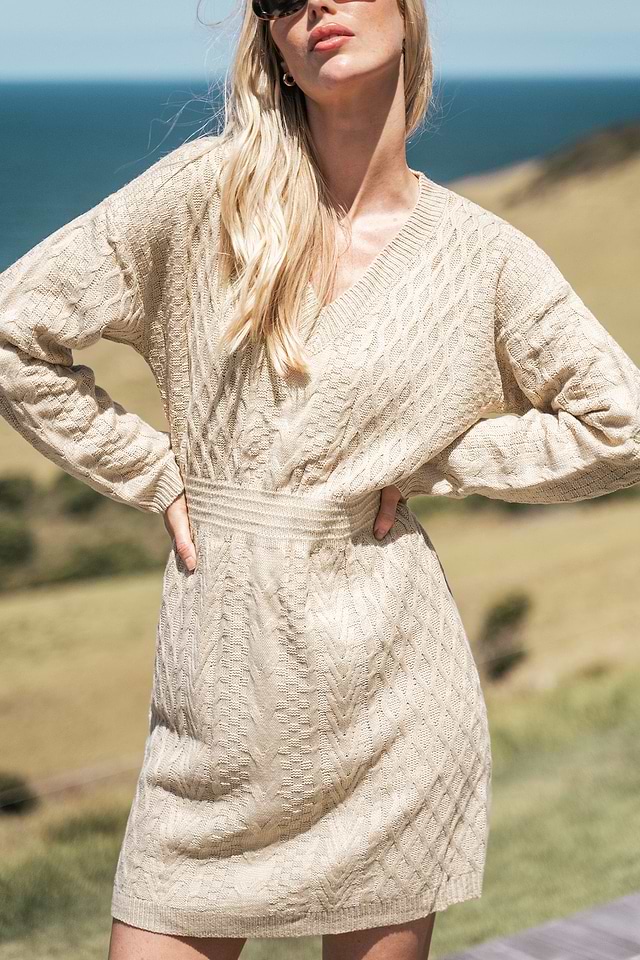 v neck cable knit sweater dress Polo Ralph Lauren Cable-knit V-neck Sweater Dress in Gingerbread Brown Melange