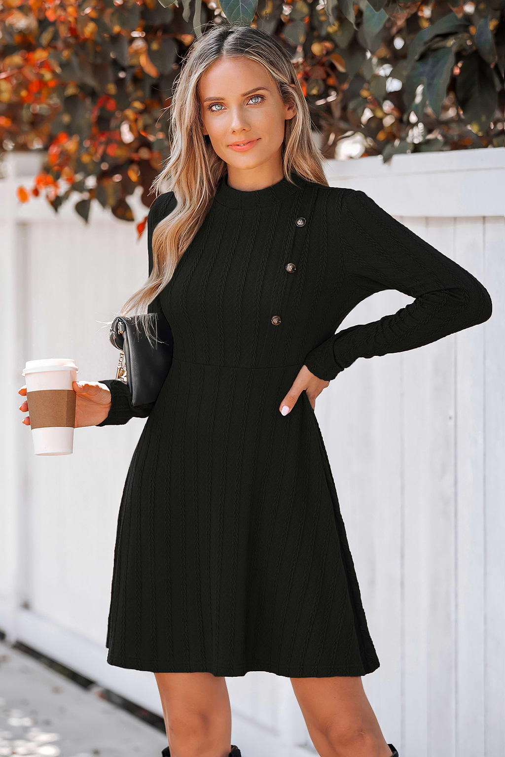 Textured Knit Button Mini Dress