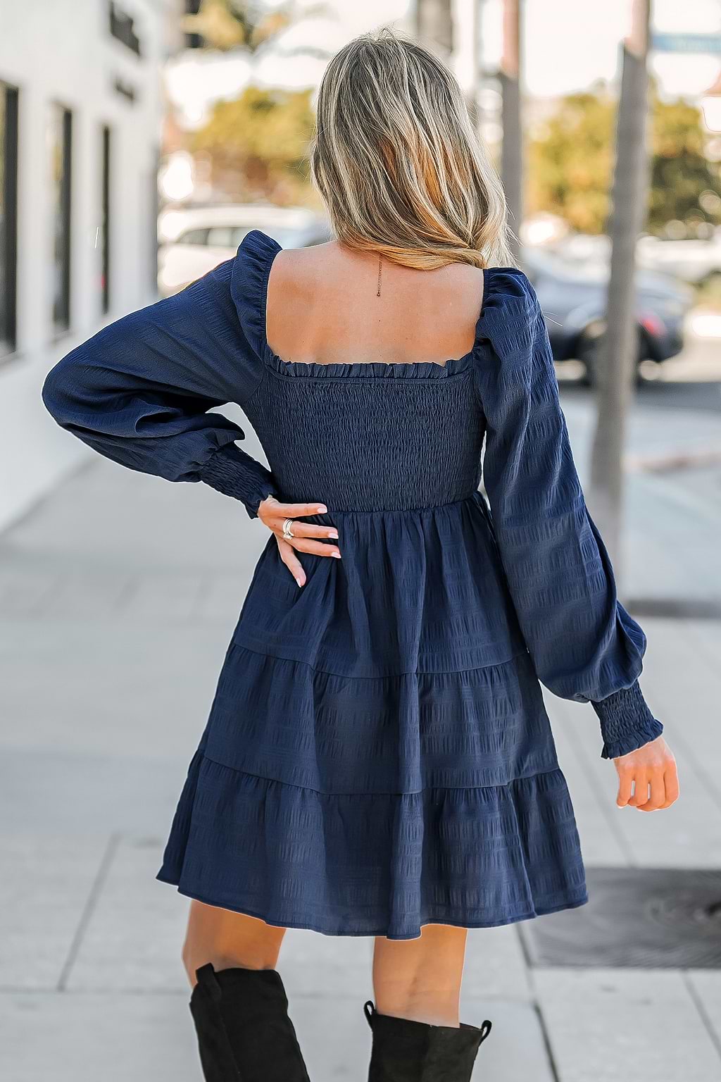 Navy Blue Smocked Mini Dress