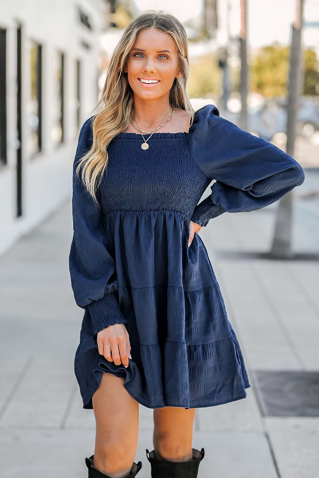 Navy Blue Smocked Mini Dress