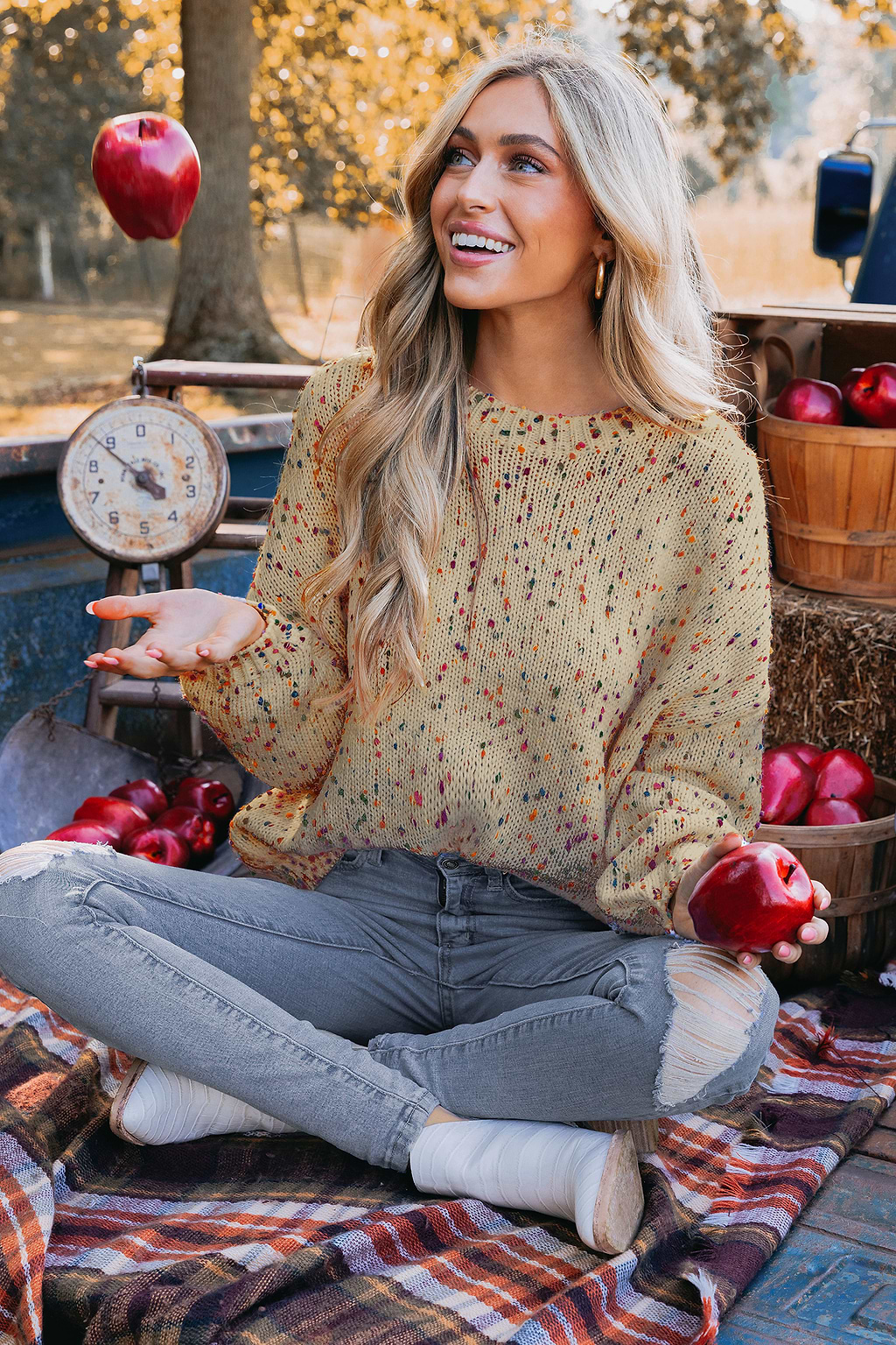Colorful Pom Pom Drop Sleeve Sweater
