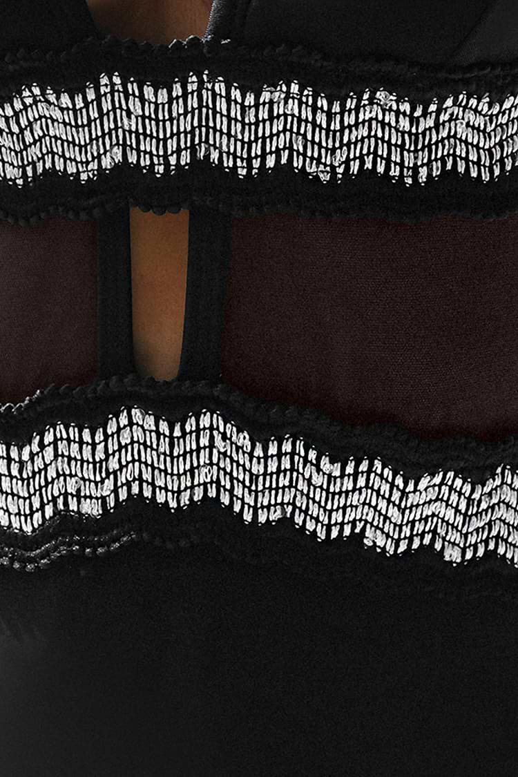 Embroidered Detailing Black Mesh Plunging One Piece Swimsuit