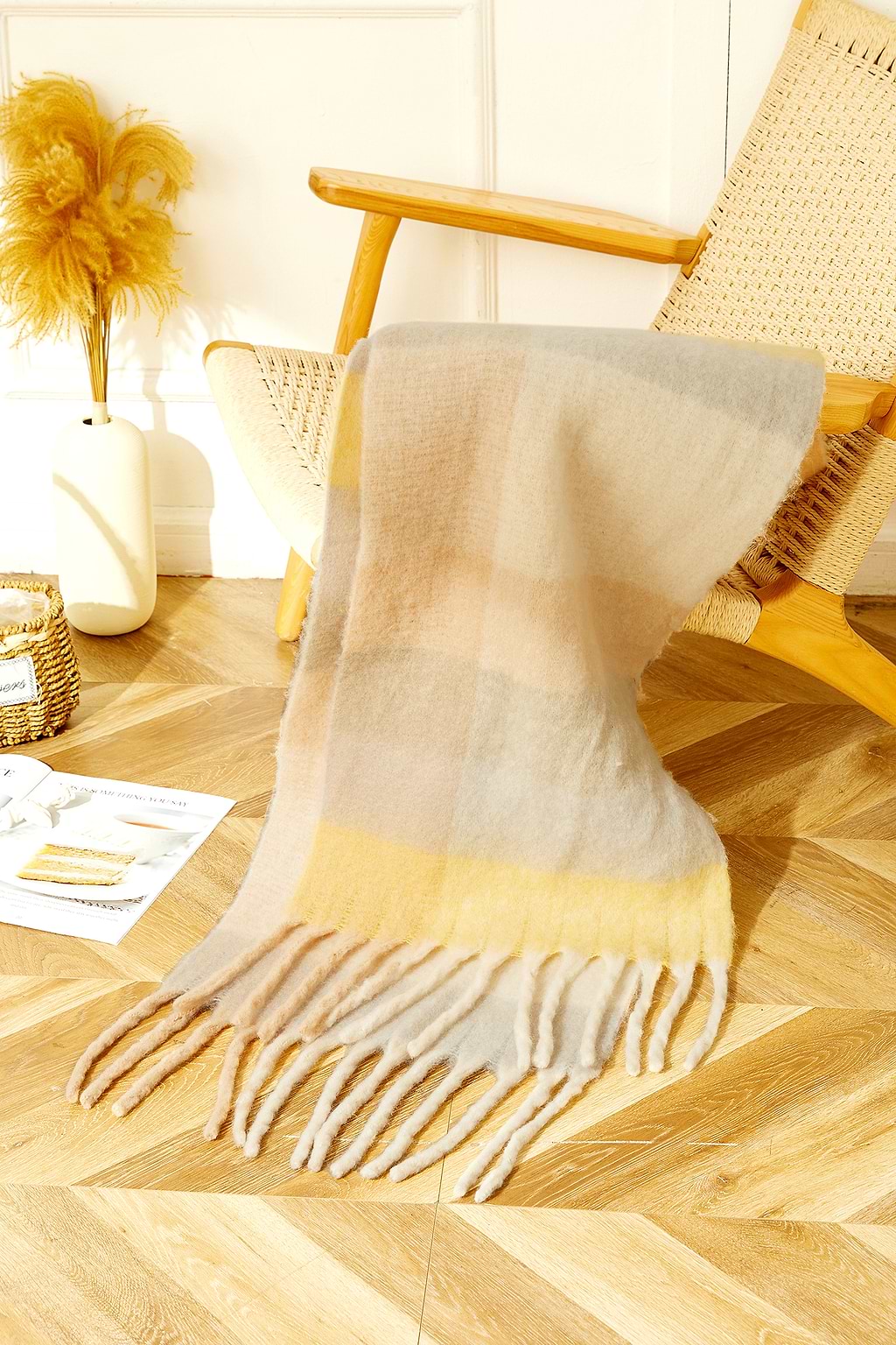 Pastel Plaid Fringe Longline Scarf