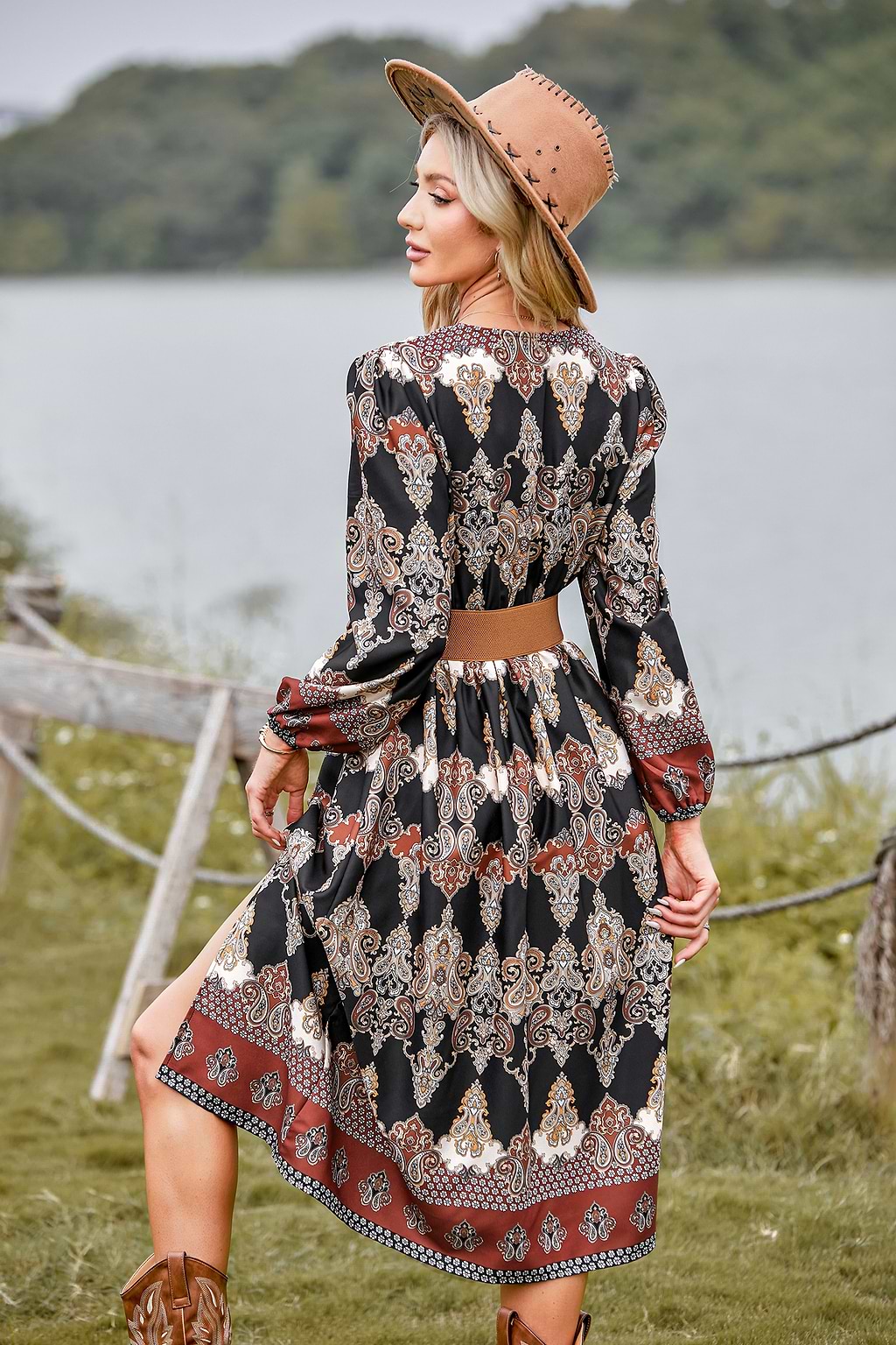 Ornate Print V-Neck Ruched Midi Dress