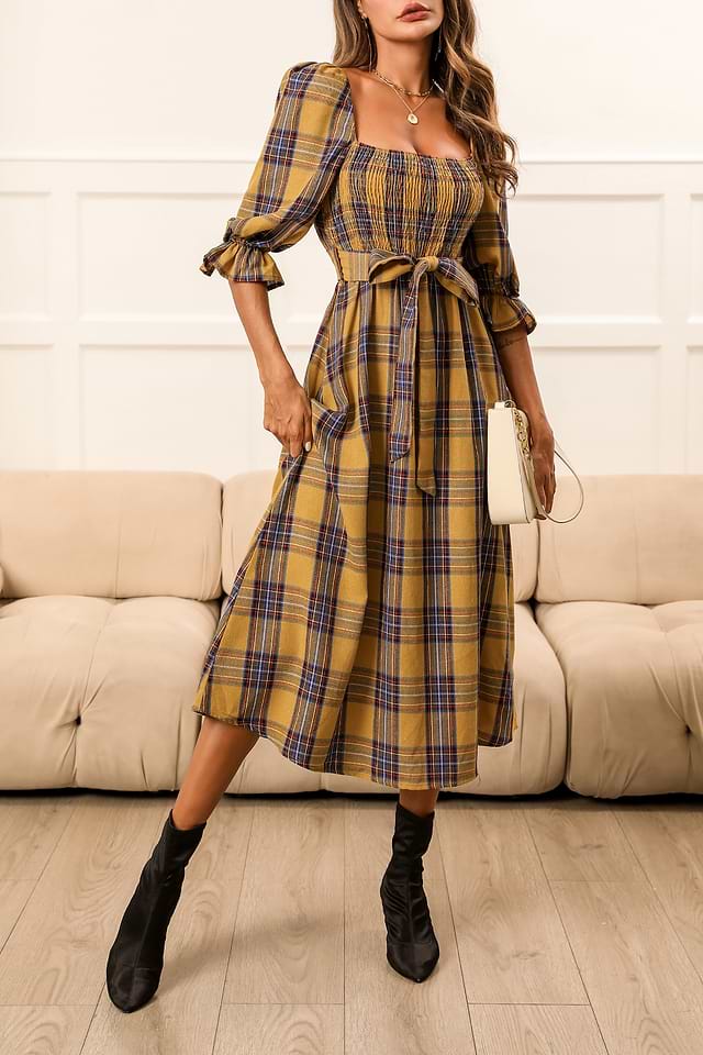 Belted Plaid Smocked Maxi Dress Belted Plaid Smocked Maxi Dress