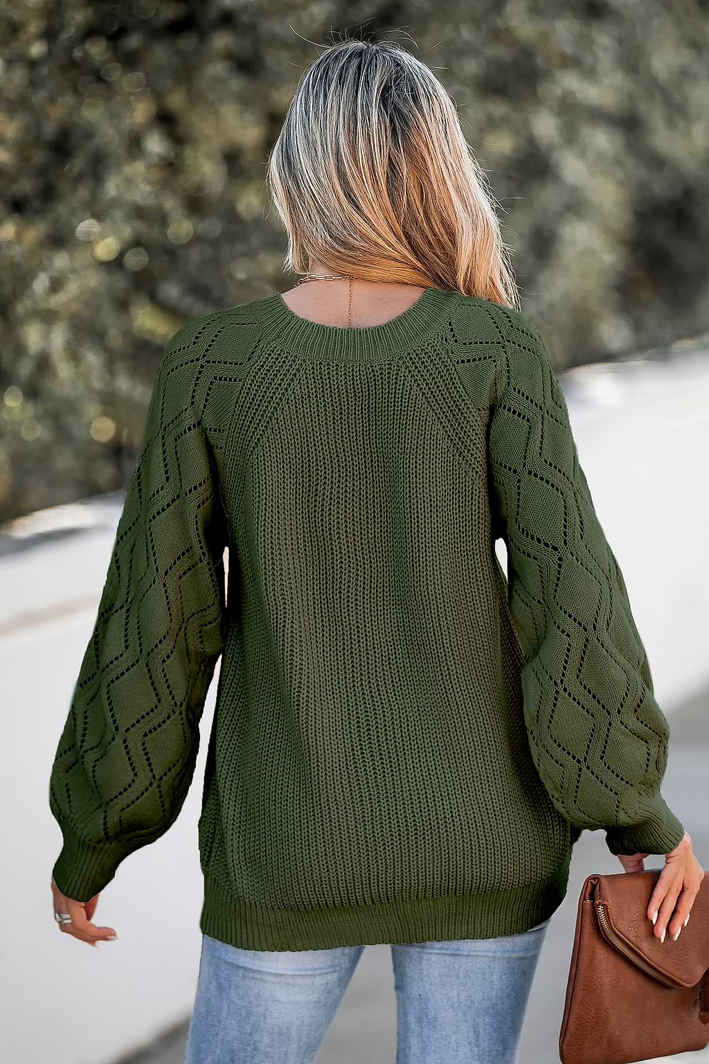 Green Cutout Pointelle Knit Sweater