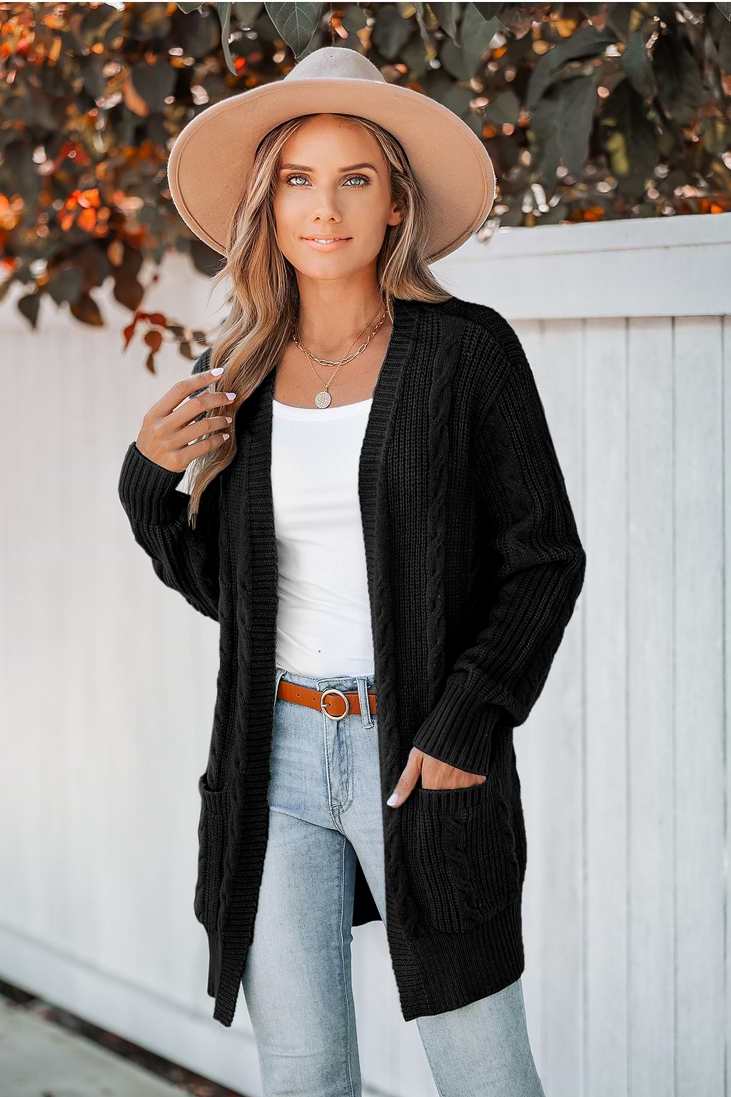 Cable Knit Pocket Longline Cardigan