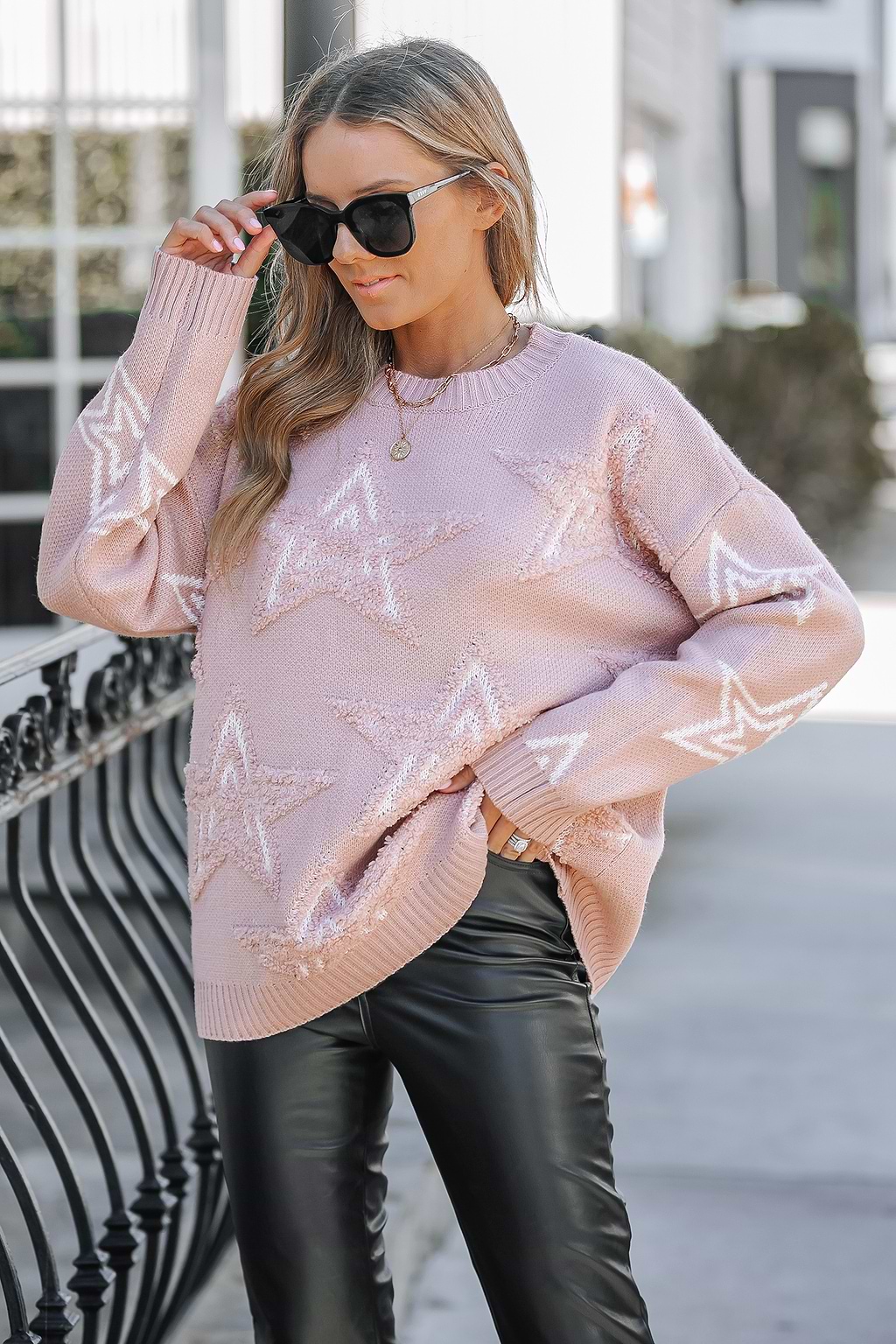 Star Round Neck Knit Long Sleeve Sweater