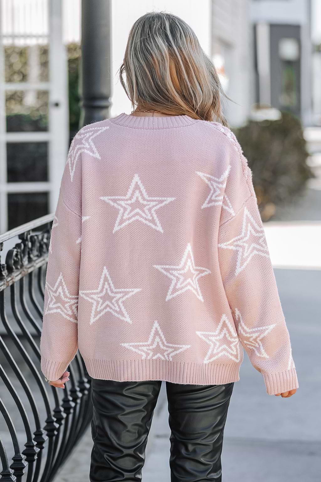 Star Round Neck Knit Long Sleeve Sweater
