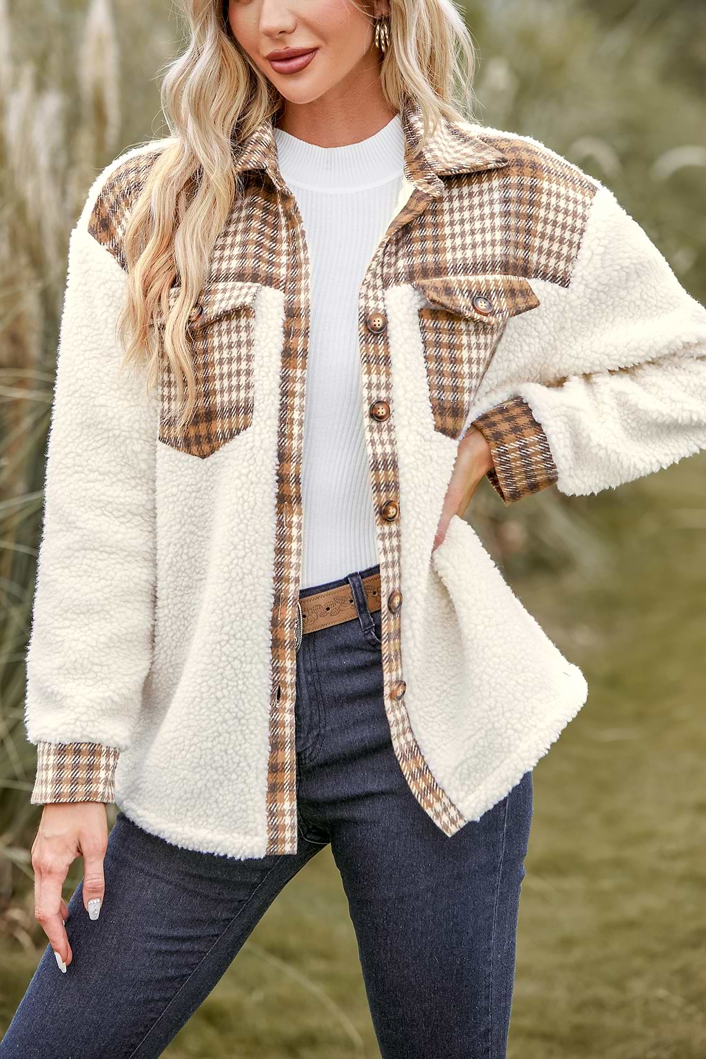 Plaid Flap Pocket Teddy Coat