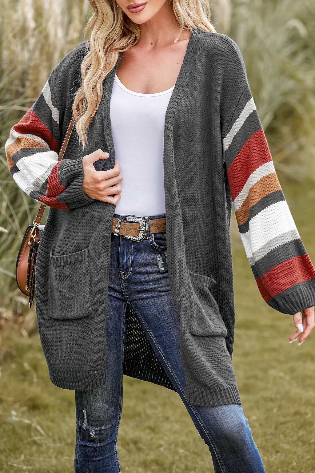 Cardigan ouvert à poches et rayures en tricot côtelé