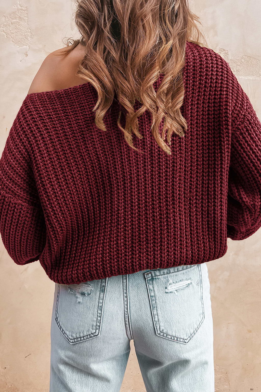 Burgundy Cable Knit Cutout One Shoulder Sweater