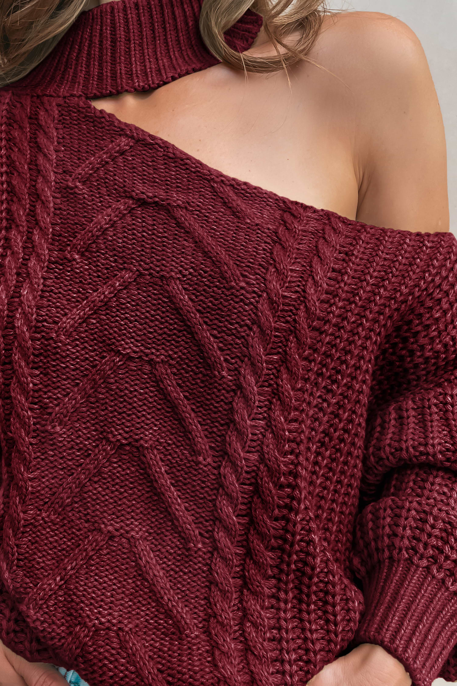 Burgundy Cable Knit Cutout One Shoulder Sweater