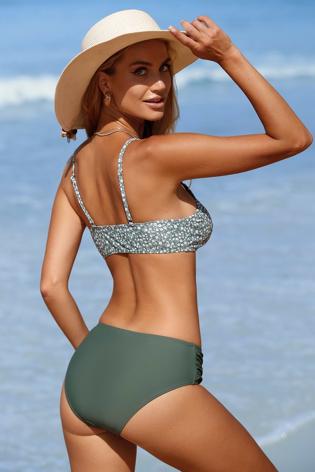 Ditsy Floral Bralette & Ruched Mid Rise Bikini Set