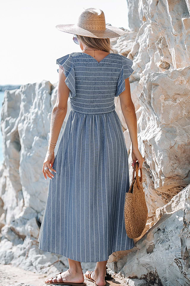 Striped Smocked Ruffle Sleeve Dress