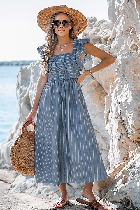 Striped Smocked Ruffle Sleeve Dress