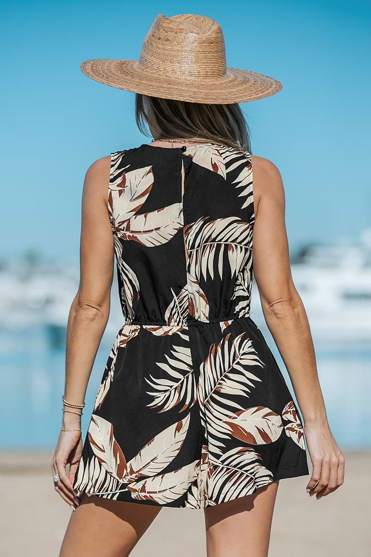Tropical Leaf Print Crisscross Halter Romper