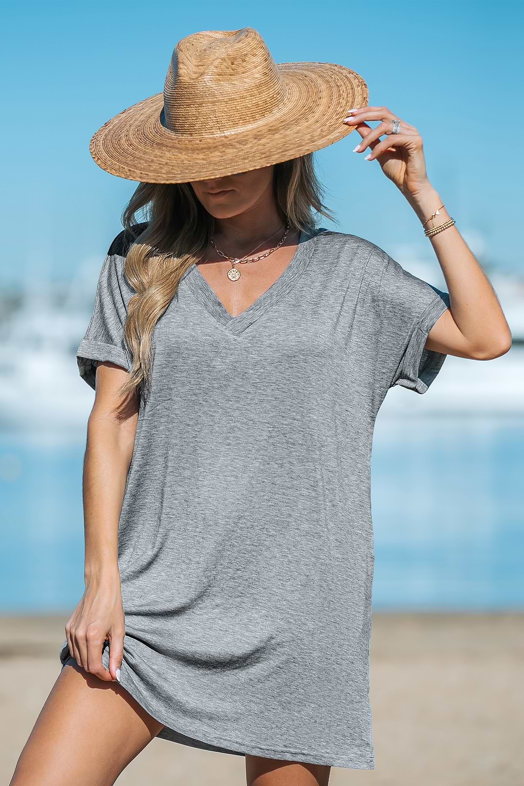 Heathered Knit V-neck T-Shirt Dress